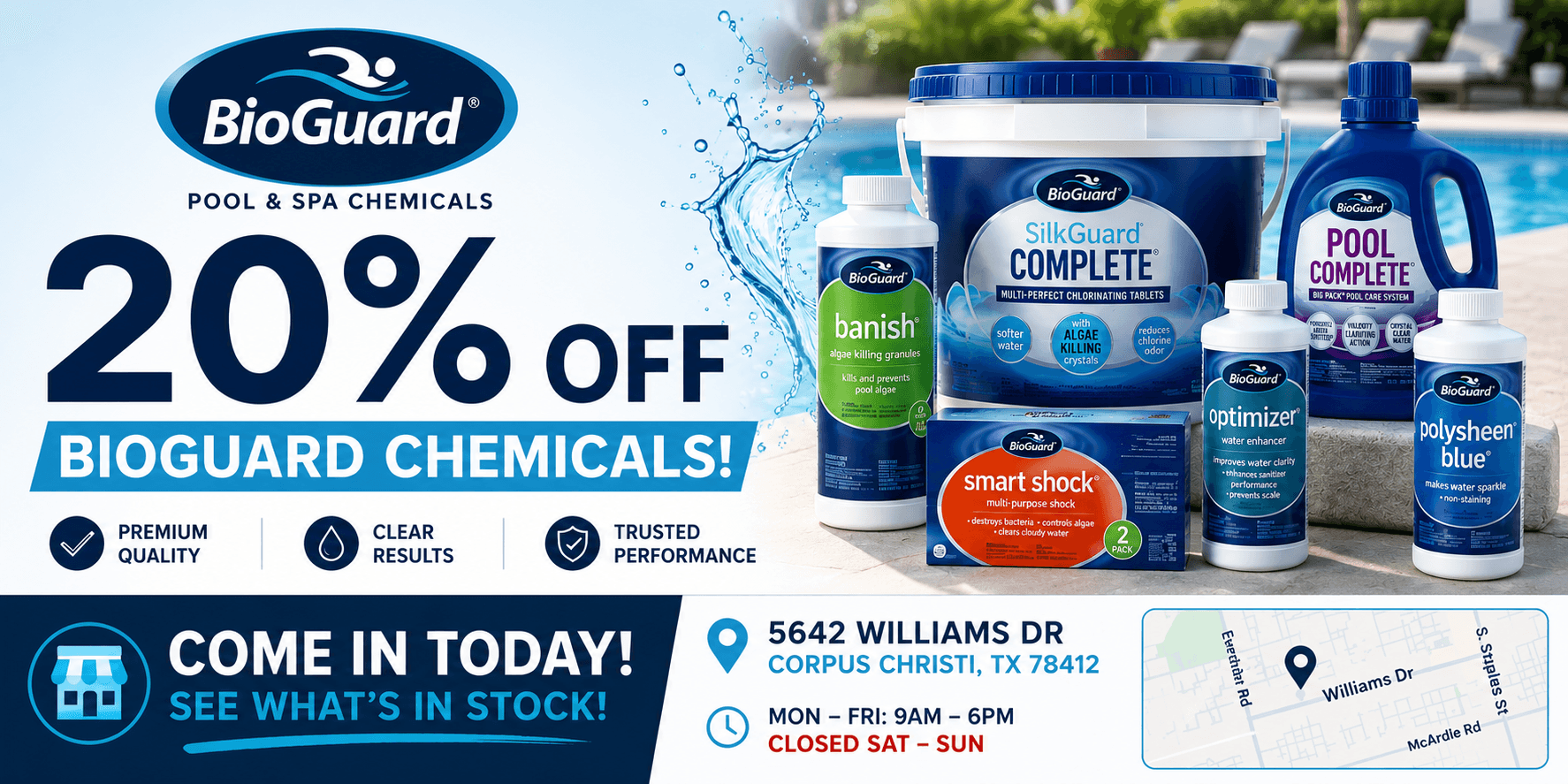 BioGuard pool chemicals on sale with 20% off all in-stock chemicals at Certified Pool & Spa Specialists in Corpus Christi, Texas