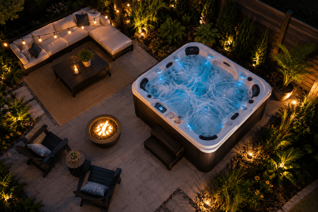 Aerial view of a luxury backyard hot tub surrounded by outdoor seating, landscaping, and ambient lighting in Corpus Christi, Texas