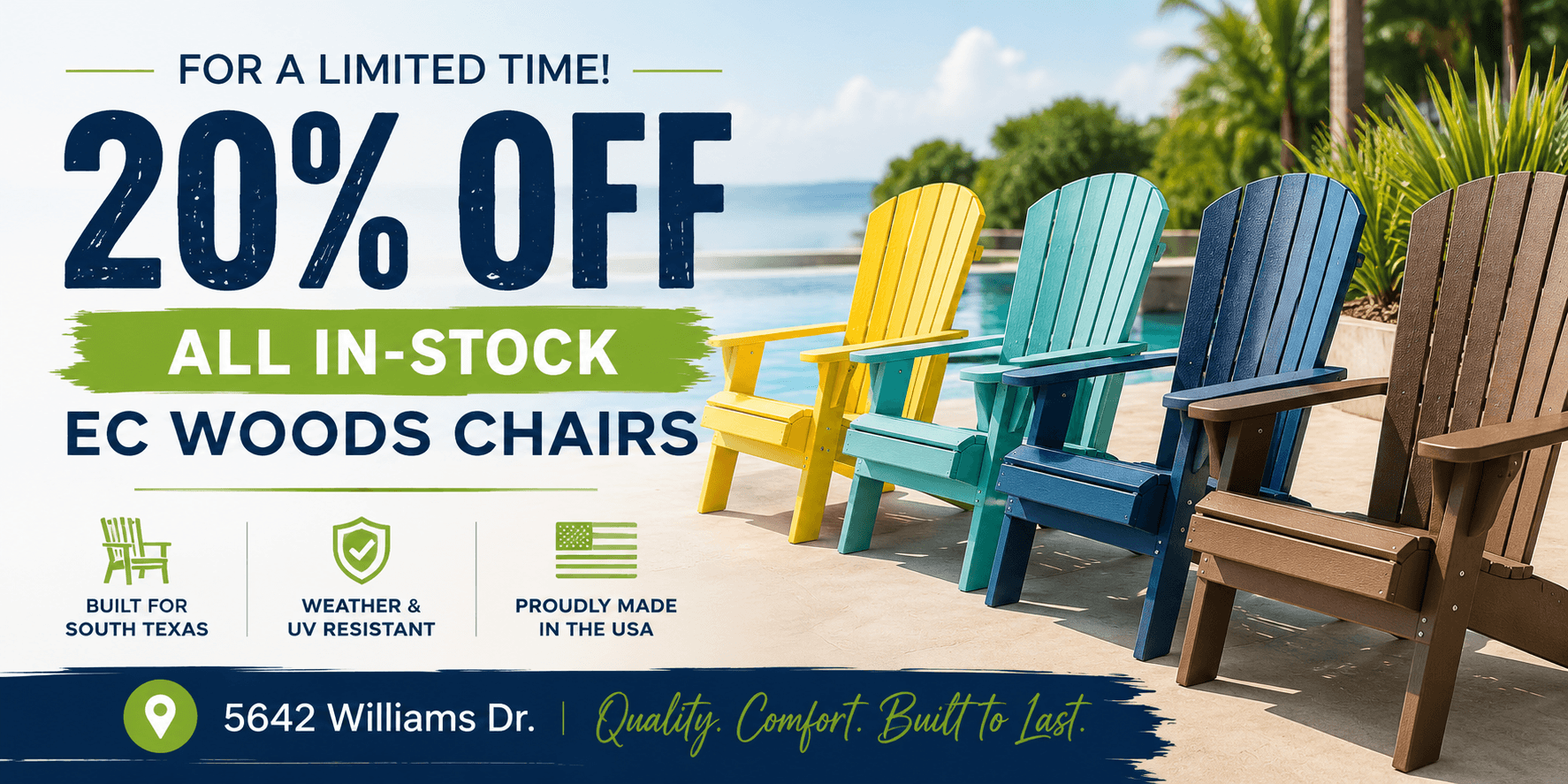 20% off EC Woods outdoor chairs at Certified Pool & Spa in Corpus Christi, Texas