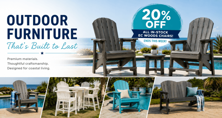 EC Woods outdoor furniture displayed on a coastal patio at Certified Pool & Spa Specialists in Corpus Christi, Texas.