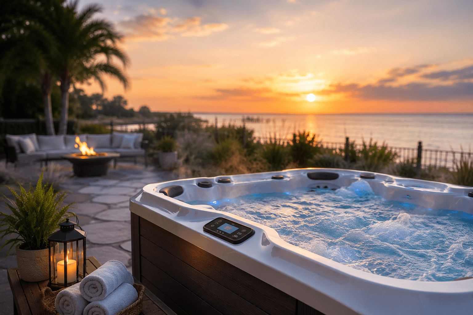Luxury hot tub overlooking the water at sunset in Corpus Christi backyard oasis