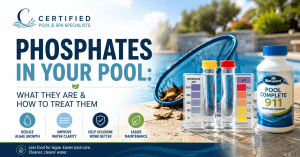 Pool phosphate remover, water testing kit, and pool skimmer illustrating how to reduce phosphates and prevent algae growth.