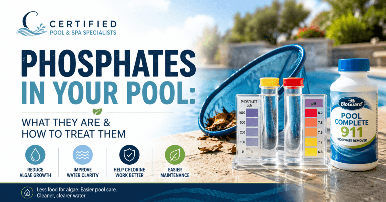 Pool phosphate remover, water testing kit, and pool skimmer illustrating how to reduce phosphates and prevent algae growth.